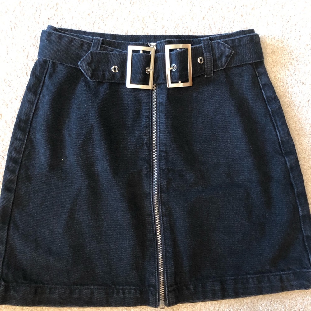 Topshop Top Shop Black Denim Moto Jean Mini Skirt Belted Denim Washed Black Sz 4